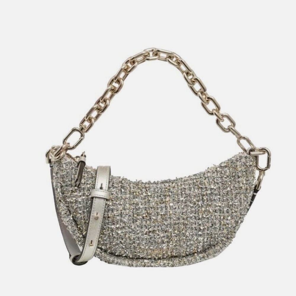 Kate Spade Smile Crossbody Bag Silver Tweed Metallic Small Leather Chain Strap